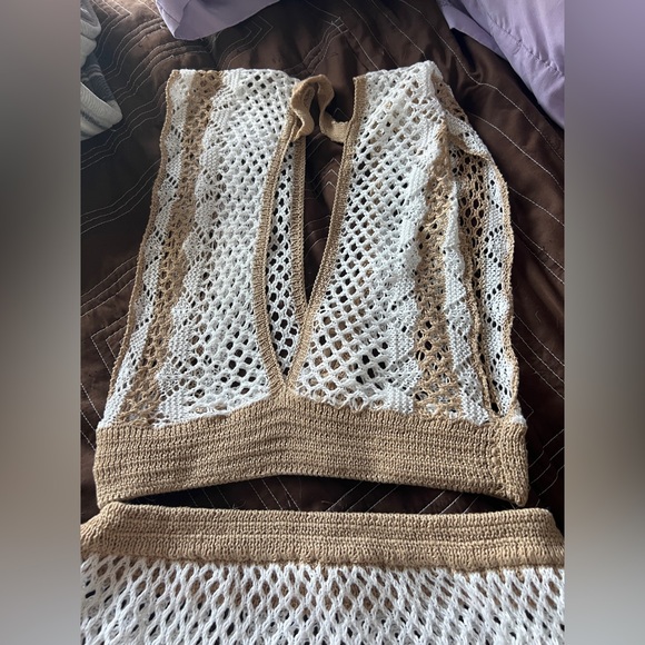 New Crochet Two Piece Set White Tan top skirt Boho beach vacation festival Med - Picture 8 of 8